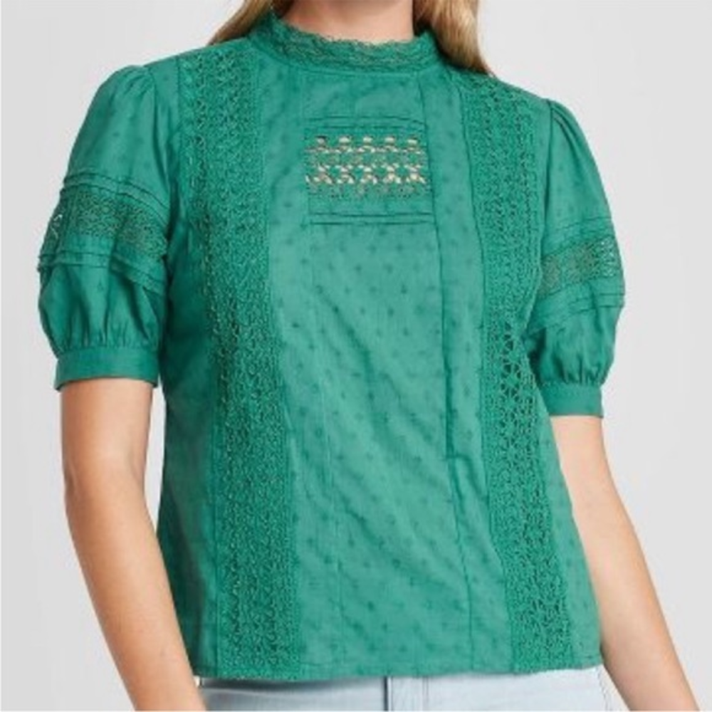 Cottagecore Women’s Short Puff Sleeve Blouse Teal‎ XS Mock Neck Pin Tuck Crochet